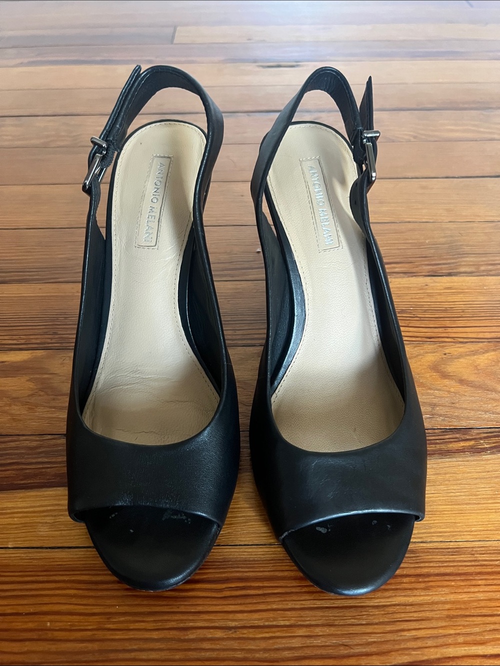Antonio Melani Kalinda Black Leather Peep Toe Slingback Block Heel Sandals Size